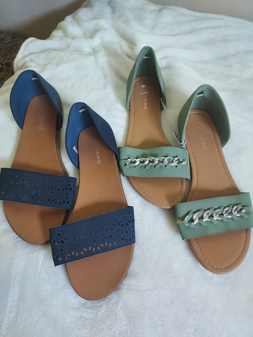 Andiamo D'Orsay Sandals Navy Laser Cut & Sage Chain 11W Vacation Summer Spring